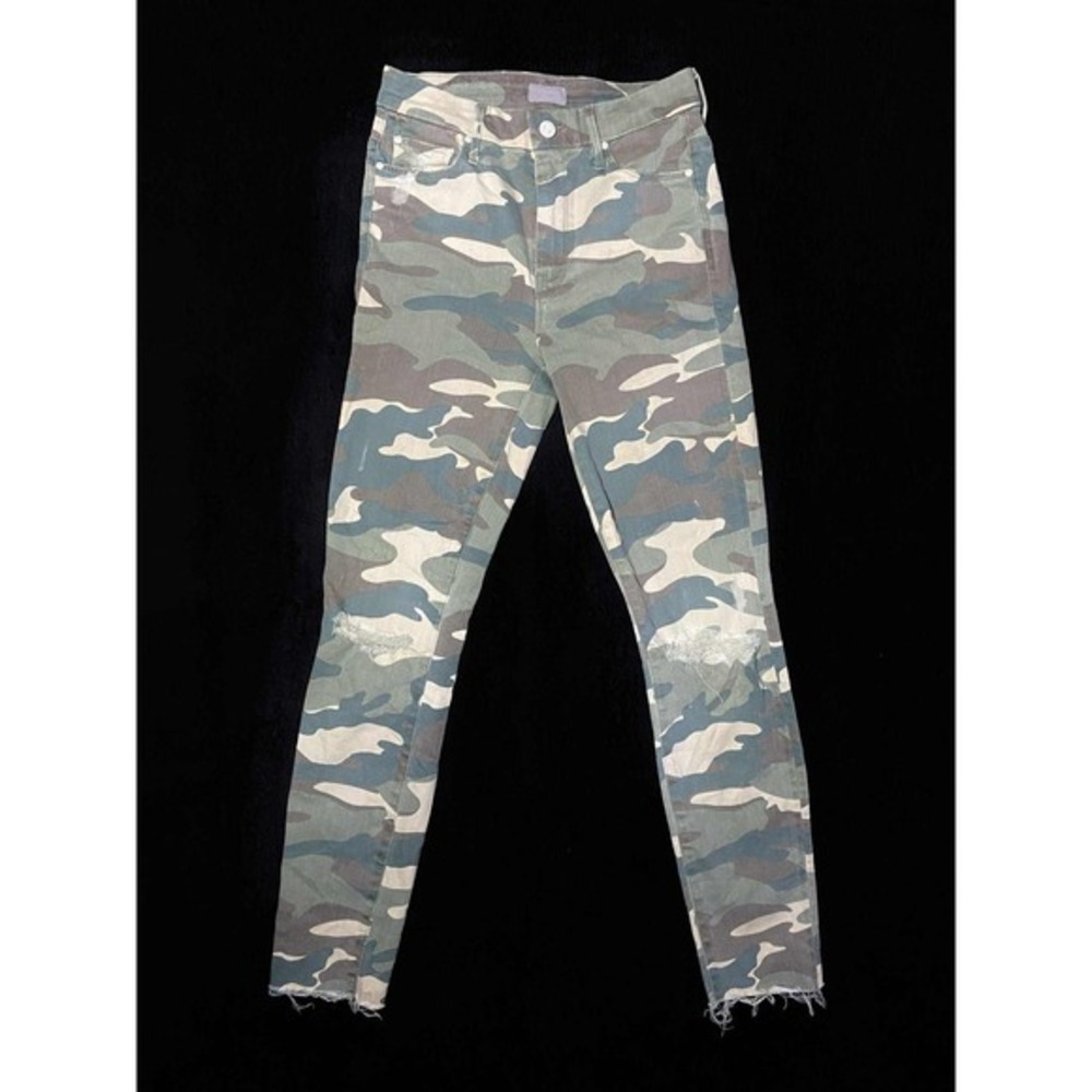 MOTHER Brand High Waisted Looker Ankle Fray Camo Distressed Knee Skinny Jeans